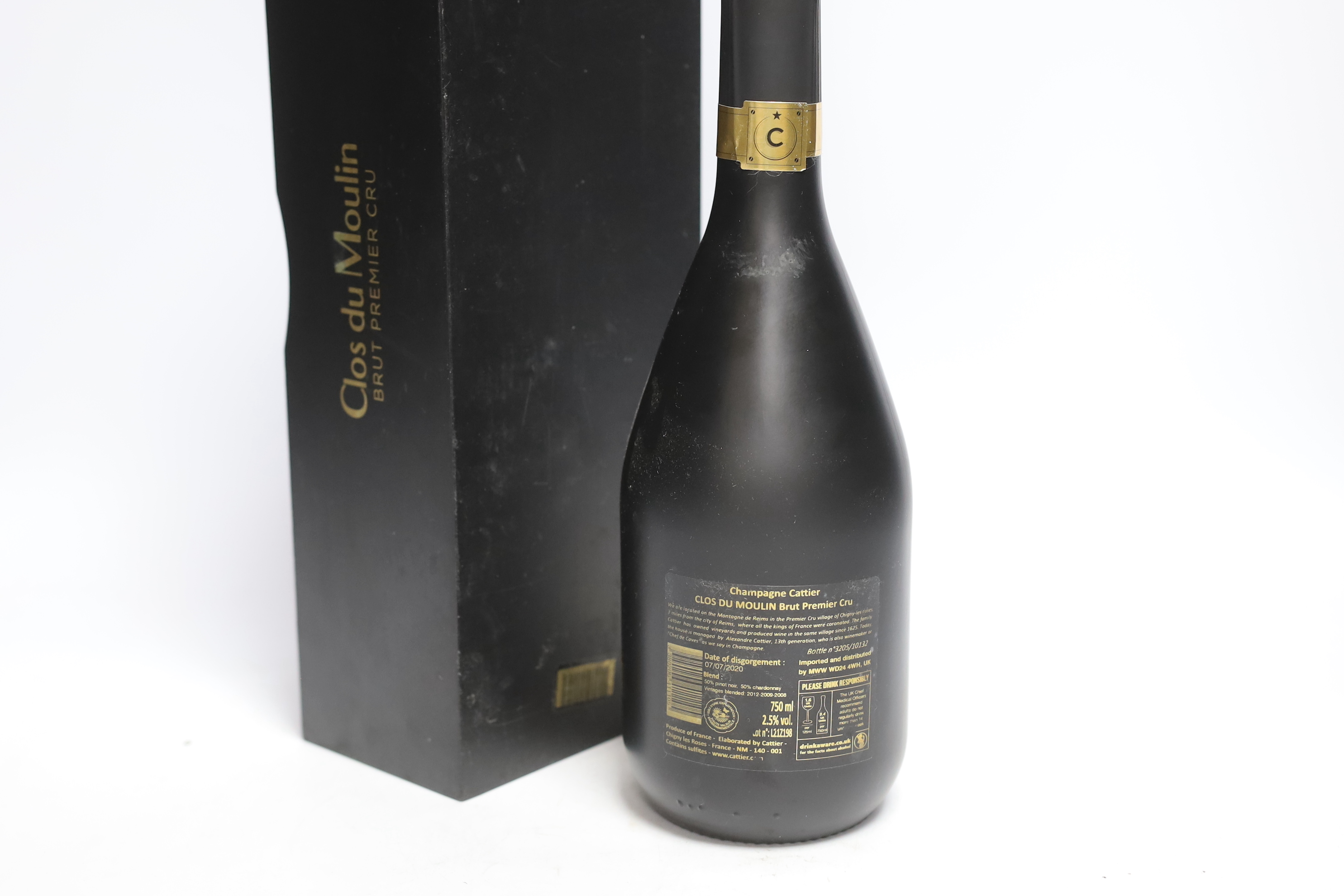 A bottle of Cattier Clos du Moulin champagne, boxed (lid missing)